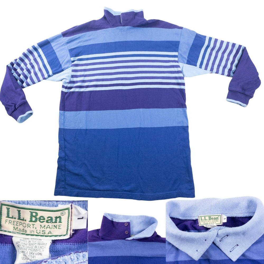 LL Bean Rugby Polo Shirt Mens Large Blue Purple Striped Long Sleeve Vintage USA